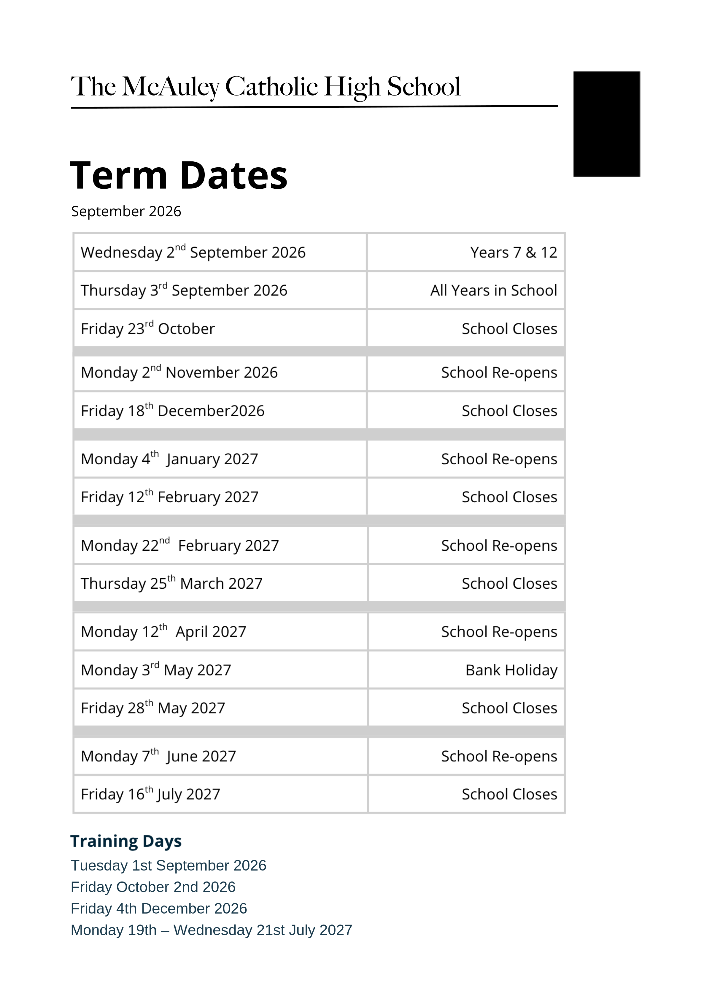 Term Dates 2026-27
